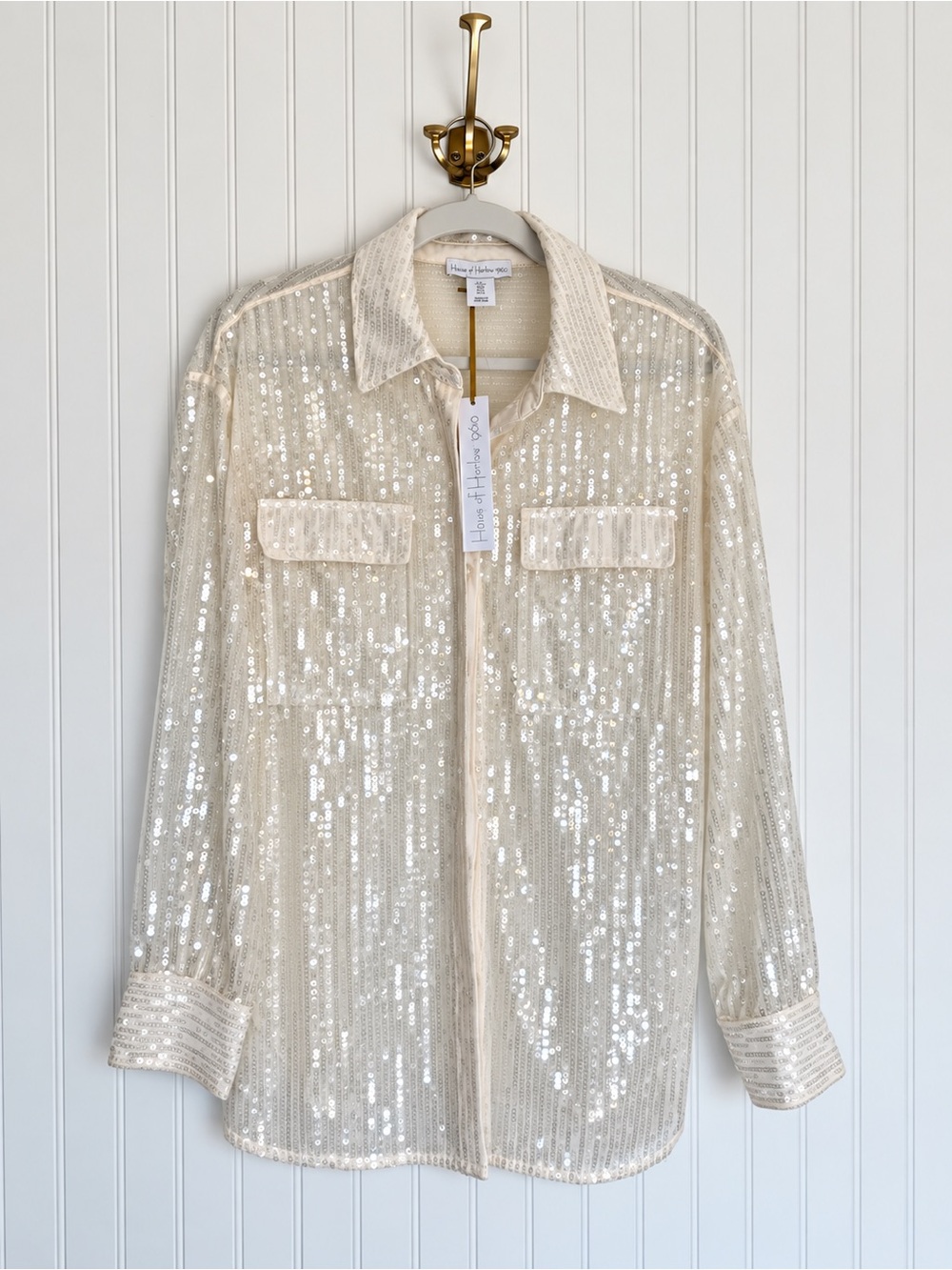 House of Harlow 1960 NWT Ivory Sequin Sheer Button Down Shirt Blouse S
